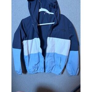 Women's Colorblock Full Zip Hooded Windbreaker Jacket Navy Blue White Light Blue